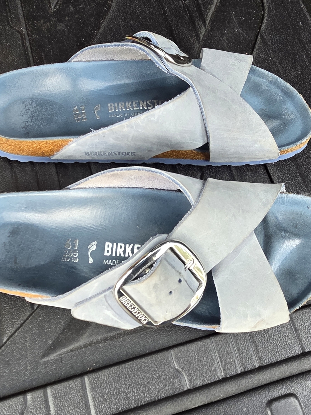 Womens light blue leather birkinstock sandals oversized buckle and cross strap s
